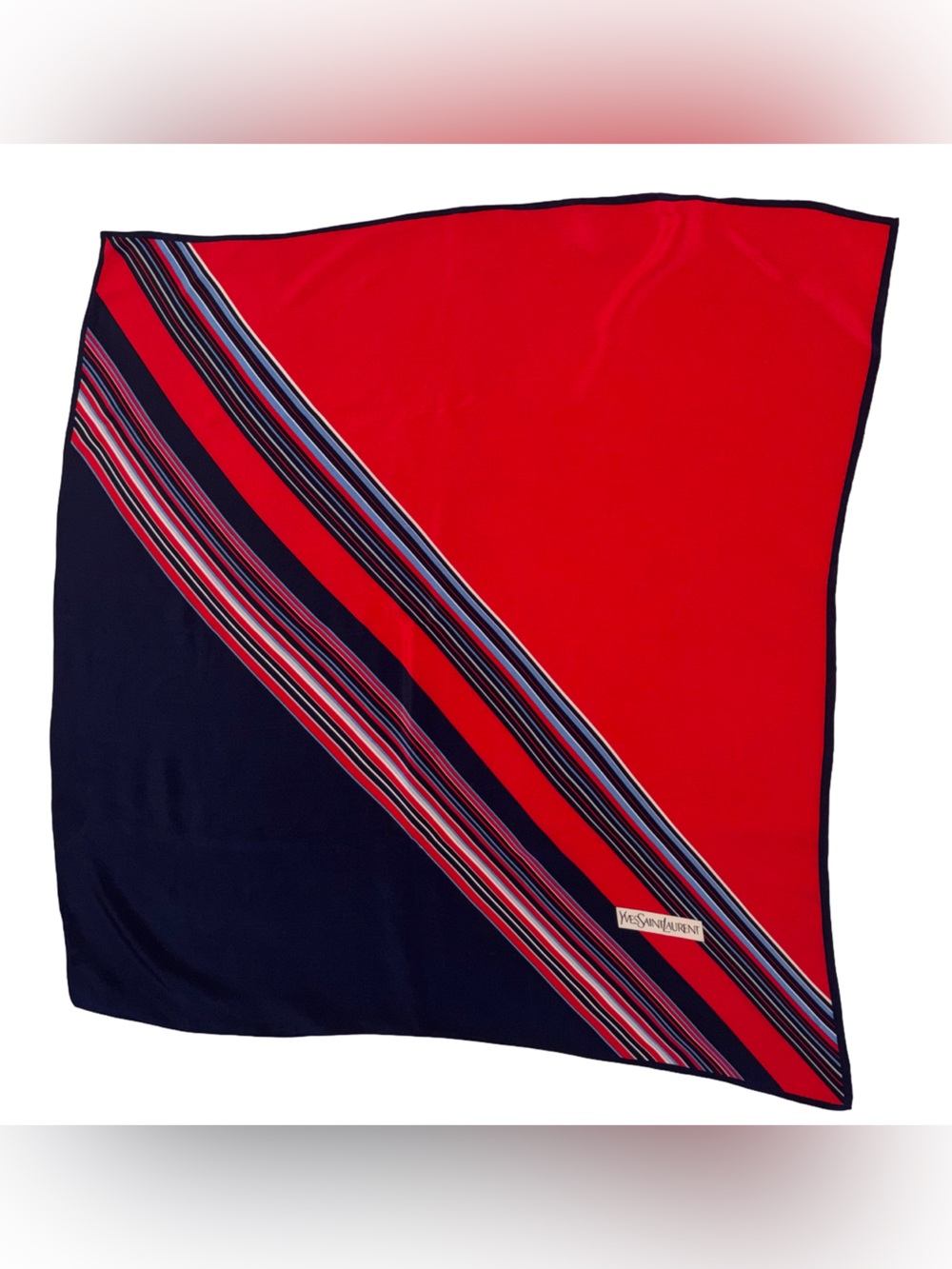 Vintage Yves Saint Laurent 100% Silk Striped Scarf – Red, Navy & Blue 30x30